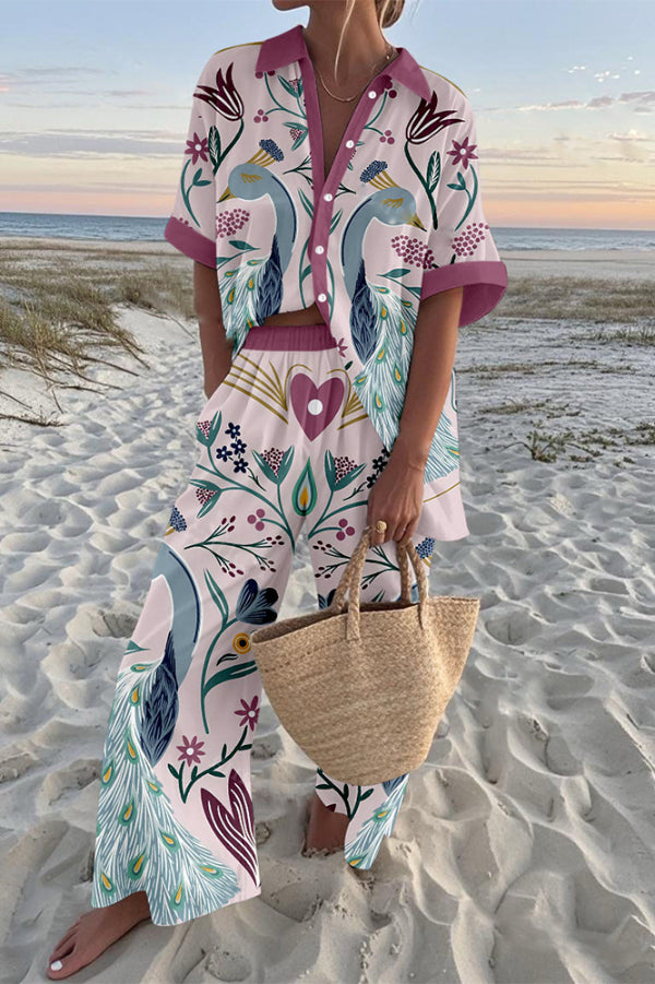 Green Peacock Print Oversized Shirt and Elastic Waist Pocket Pants Set