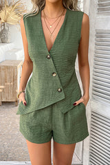 Solid Color Holiday Style V-neck Button Irregular Vest and Elastic Waist Casual Pocket Shorts Set