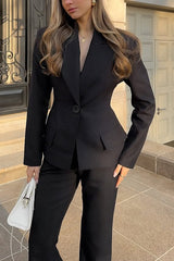 Solid Color Long-sleeved Single-button Blazer and Pocket Casual Flared Pants Set