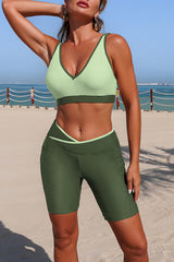 Stylish V-neck Pocketed Stretch Two-piece Bikini Swimsuit and Solid Color Long-sleeved Cover-up Set