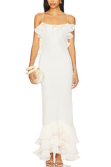 Alisin Pleated Chiffon Wavy Ruffles Trim Slip Maxi Dress