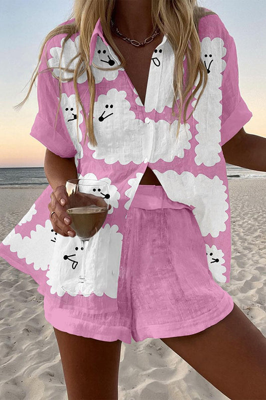 Cloud-Shaped Puppy Print Loose Button Elastic Waist Shorts Set