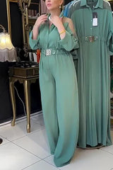 Fashion Mesh Splicing Lapel Long Sleeve Waist Pocket Wide Leg Jumpsuit