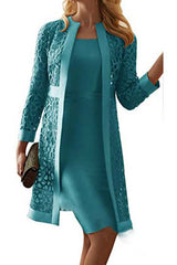 Formal Knee Length Dress with Lace Cardigans Sets