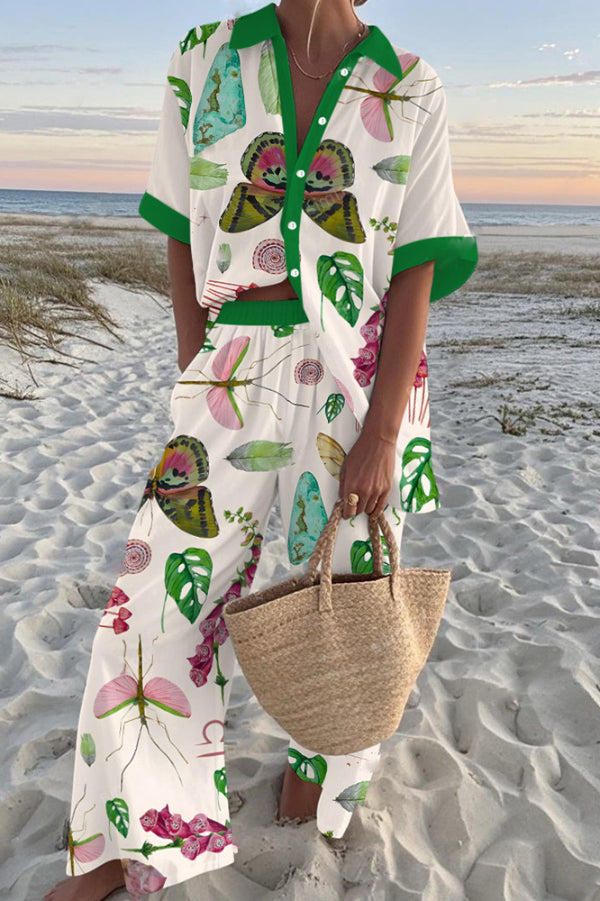 Butterfly Print Oversized Shirt and Elastic Waist Pocket Pants Set