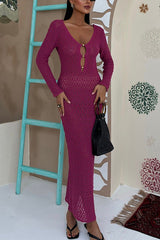 Fashion V-neck Long-sleeved Hollow Slim Maxi Dress