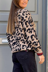 Leopard Print Crew Neck Long-sleeved Loose Knit Cardigan