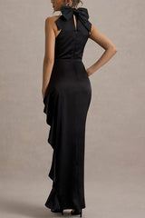 Maureen Satin High Neck Ruched Ruffle Slit Draped Maxi Dress