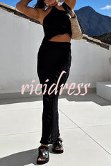 Solid Knit Hollow Halter Top and Stretch Fit Maxi Skirt Set