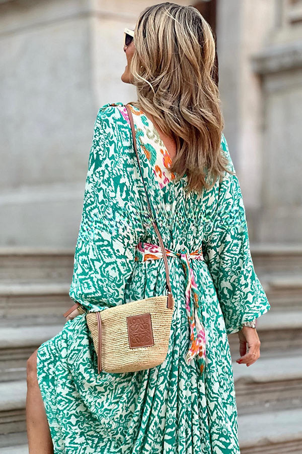 Adorable Days Totem Print V-neck Back Tie Up Vacation Maxi Dress