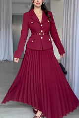 Solid Color Lapel Button Belt Blazer and Pleated Casual Maxi Skirt Set