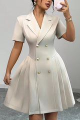Solid Color Lapel Short Sleeve Button Waist Mini Dress