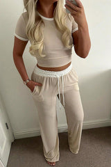 Fashionable Round Neck Short-sleeved Top and Elastic Waist Pocket Casual Straight Pants Set