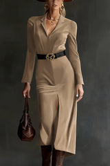 Stylish Suede V-neck Long-sleeved Slim-fit Slit Midi Dress
