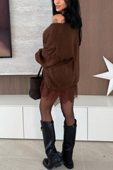 Comfy and Sweet Knit Lace Patchwork Hem Wide Neck Long Sleeve Loose Sweater