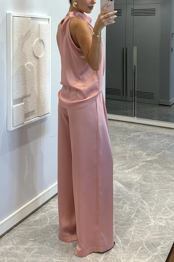 Classic on You Satin High Cowl Neck Top and Elastic Waist Pocket Loose Pants Set