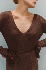 Solid Color V-neck Long-sleeved Slim-fit Elegant Knit Maxi Dress