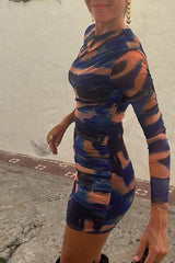 Ximena Watercolor Tie Dye Print Ruched Long Sleeve Stretch Mini Dress