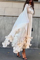 Fashionable V-neck Lace-up Ruffled Double-layer Hem Maxi Dress