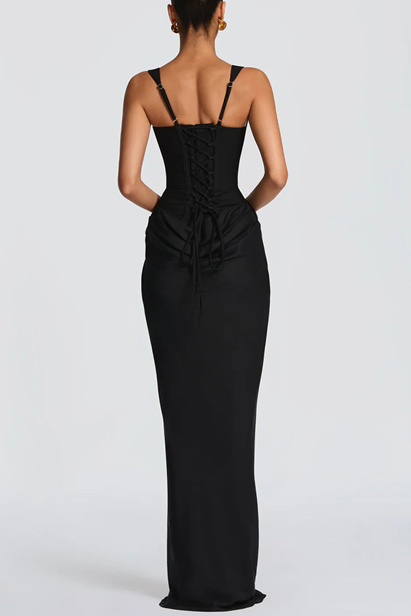 Larrah Square Neck Back Lace-up Satin Drape Hem Maxi Dress
