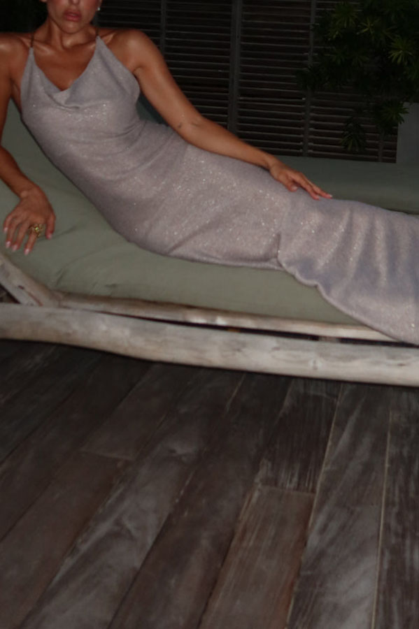 Strolling on The Beach Knit Metallic Fabric Chain Shoulder Strap Backless Maxi Dress