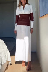 Fashionable Pleated Contrast Patchwork Waist Long Sleeve Button Shirt Maxi Dress