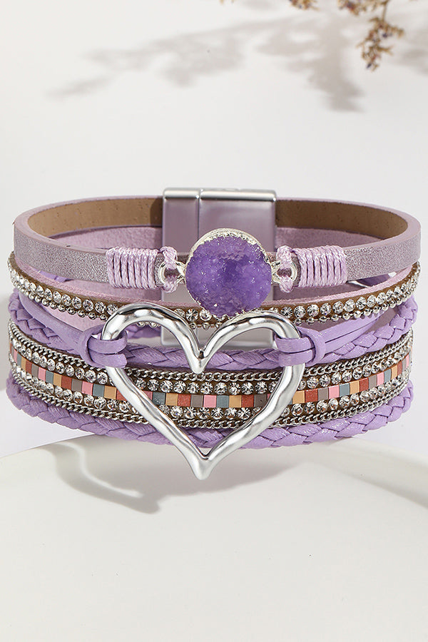 Bohemian Leather Cord Multi-layered Raw Stone Heart Bracelet