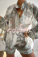 Botanical Print Palace Style Stand-up Collar Lantern Sleeve Loose Top and Casual Shorts Set