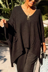 Fashion V-neck Loose Pocket Mid-length Knitted Poncho Sweater