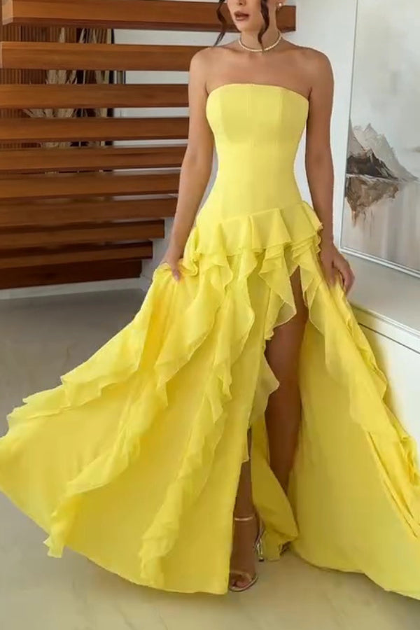 Elegant Sleeveless Off-shoulder Fitted Ruffled High Slit Maxi Dress