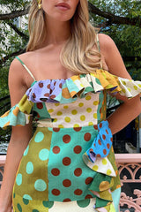 Chic Color Block Dot Print Invisible Zipper Strap Mini Dress