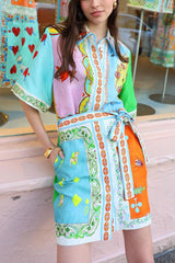 Linen Blend Unique Printed Short Sleeved Pocket Tie Waist Mini Dress(One Size UP)