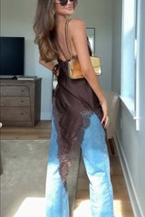 Elouise Satin Lace Trim V-neck Asymmetrical Hem Slip Mini Dress