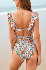 Printed V-neck Ruffled Stretch One-piece Swimsuit and Elegant Tulle Scarf Set
