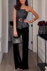 Fashionable and Avant-garde Faux Leather Belted Strapless Asymmetric Top