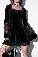 Solid Color Velvet and Lace Spliced long-sleeved Elegant Mini Dress