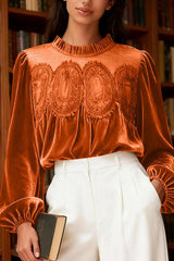 Fashionable Velvet and Lace Patchwork Loose Long-sleeved Top