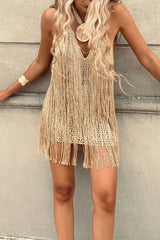 Golden Rhythmic Knit Layered Tassels Halter Backless Stretch Mini Dress