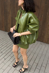 Solid Color Loose Long Sleeve Pocket Casual Leather Jacket