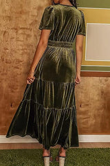 Stunning V-Neck Velvet Stretch Waist Pocket Pleated Maxi Dress