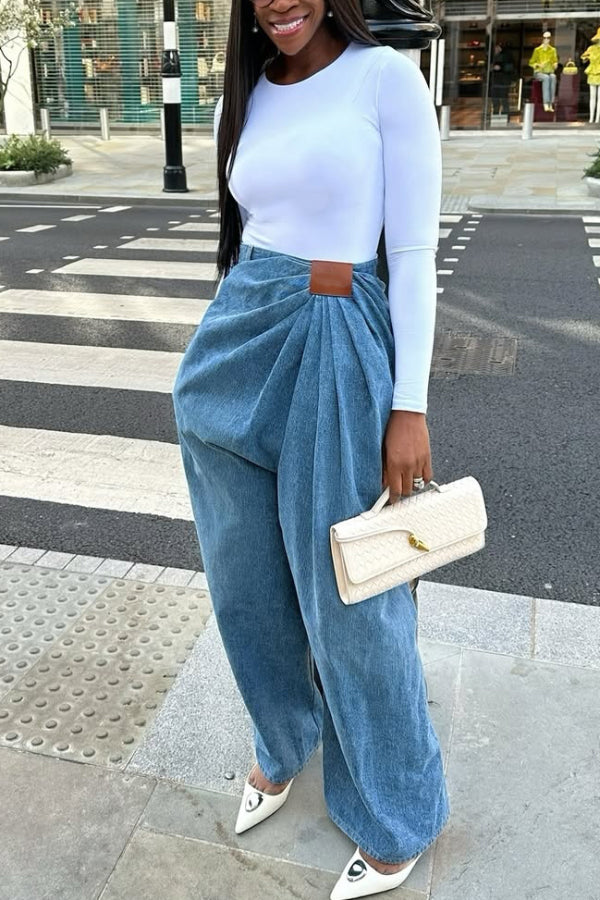 Stylish Pleated Casual Pocket Wide-leg Jeans