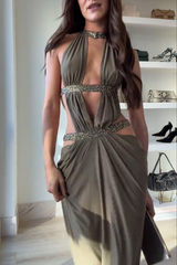 Khaki Hot-fix Rhinestone Shoulder Strap Cutout Design Backless Drape Maxi Dress