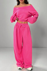 Solid Color Loose Long-sleeved Short Top and Elastic Waist Casual Pocket Wide-leg Pants Set