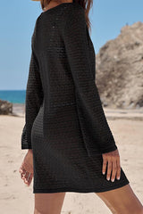 Solid Color Knit Hollow V-Neck Tie Long Sleeve Cover Up Mini Dress