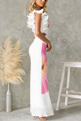 Floral Print One-shoulder Fitted Mesh Maxi Dress