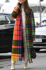 Fashionable Color-block Plaid Print Lapel Long-sleeved Casual Long Coat
