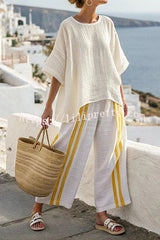 Linen Blend Unique Print Half Sleeve Top and Elastic Waist Pocket Loose Pants Set