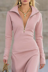 Solid Color Long-sleeved Lapel Zipper Casual Maxi Dress