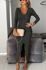Solid color fashionable V-neck long-sleeved pit long dress