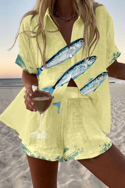 Sardine Print Loose Button Elastic Waist Shorts Set